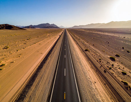 Aerial view of highway in the Namib Desert, Namibiaの素材
