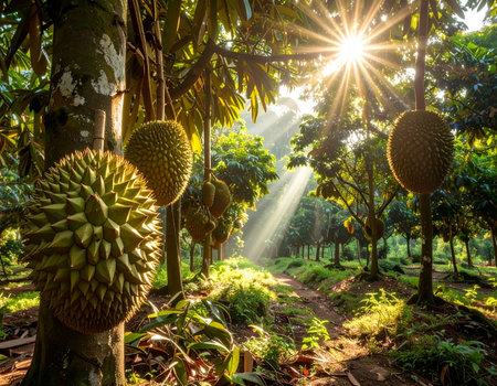 Fresh durian fruit on the tree in the garden, Thailand.の素材