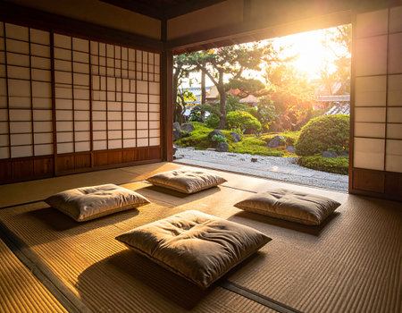 Sofas and cushions in a Japanese garden in the morningの素材