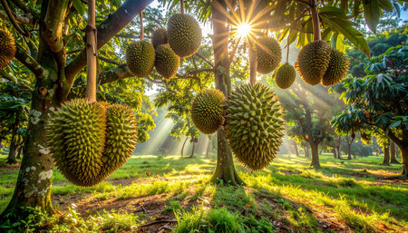 Fresh durian fruit on the tree with sunlight in the morning.の素材