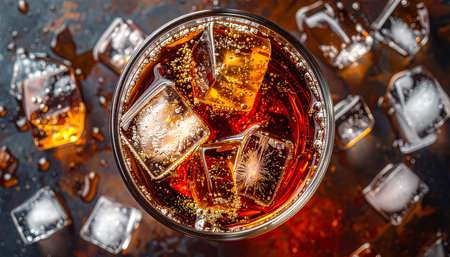Cola with ice cubes in a glass on a dark background, top viewの素材