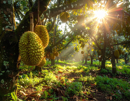 Durian fruit hanging on tree in the garden with sun light.の素材