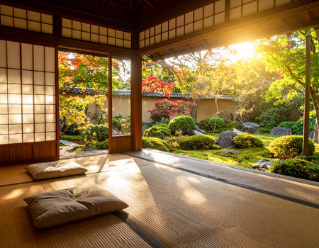 Japanese garden in the morning light with a pillows and a carpetの素材