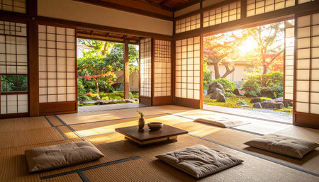 Japanese style room with bamboo mat and sunlight in the morning, stock photoの素材