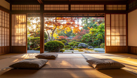 Japanese style room with japanese style garden and sunset light.の素材