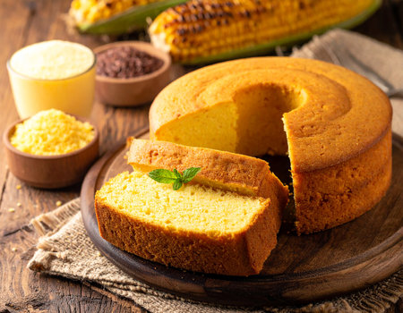 Corn cake with corn flour on a wooden background. Selective focus.の素材