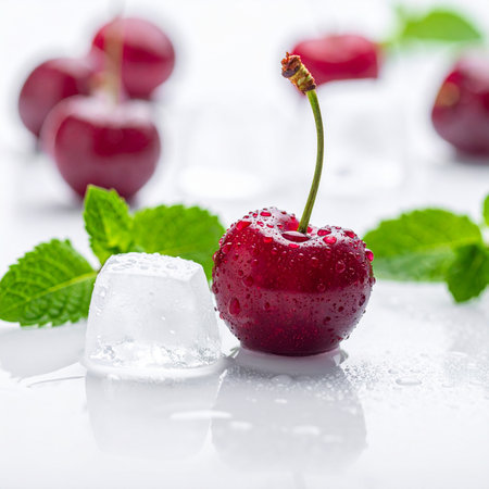 Cherries with ice cubes on a white background. Selective focus.の素材