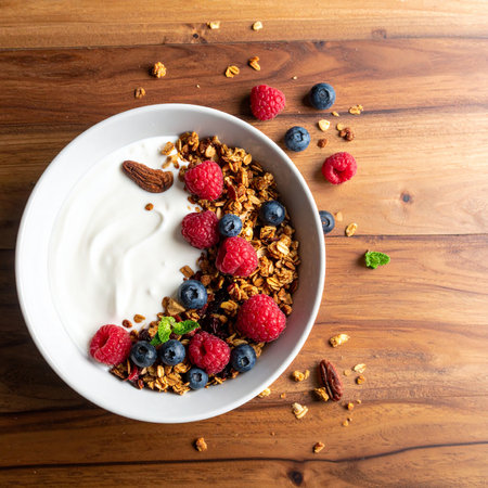 Yogurt with granola and fresh berries in bowl on wooden tableの素材