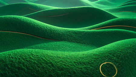 3d illustration of abstract background with green wavy surface and golden ringの素材