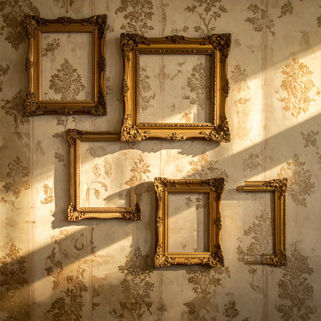 Picture frames on the wall in an old room. Vintage style.の素材