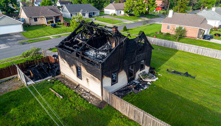 Aerial view of a burnt out old house in a suburban neighborhoodの素材