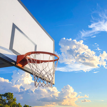Basketball hoop against blue sky with white clouds. Sport background.の素材