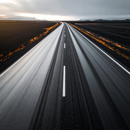 Aerial view of asphalt highway in Iceland at sunset. Travel conceptの素材