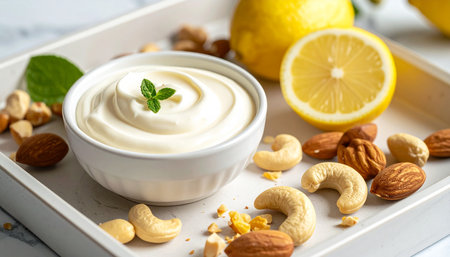 Homemade mayonnaise with lemon and nuts on a white backgroundの素材