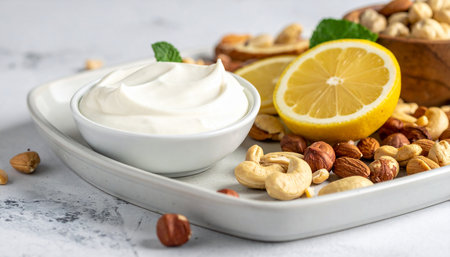 Selection of nuts in a bowl with lemon, hazelnuts, walnuts, pistachios and sour cream on a light backgroundの素材