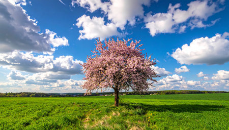 Blossoming almond tree in a meadow on a sunny dayの素材