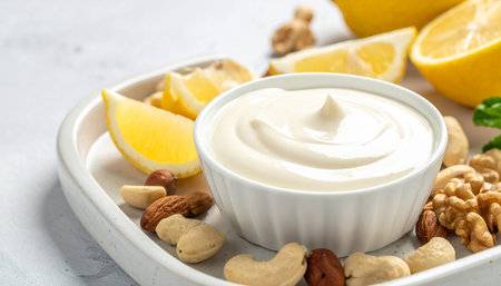 Homemade mayonnaise with lemon and nuts on a white backgroundの素材