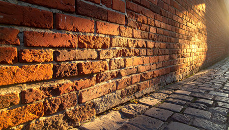 Old brick wall in the city at sunset, closeup of photoの素材