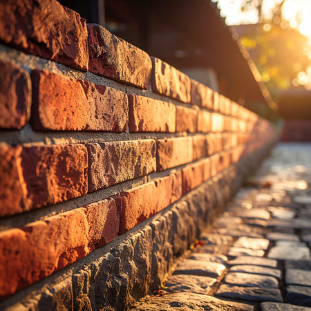 Brick wall in the park at sunset, vintage color tone.の素材