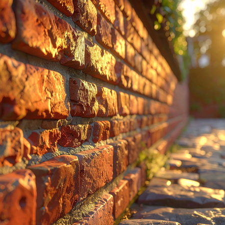 Old red brick wall in the rays of the setting sun. Backgroundの素材