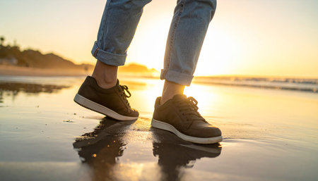 Close up of woman legs in jeans and sneakers walking on the beachの素材
