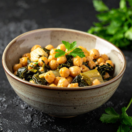 Chickpea stew with kale and chickpeas on dark backgroundの素材