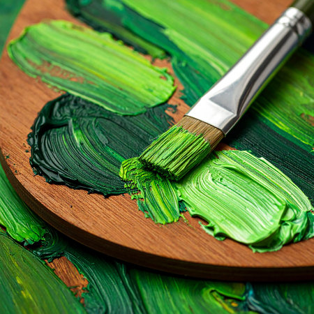 Paint brushes and palette with green paint on a wooden background.の素材
