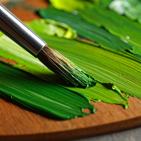 Paint brushes and green leaves on a wooden board. Close upの素材