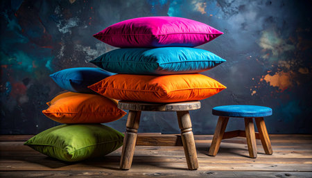 Colorful pillows on a wooden table against a dark background.の素材