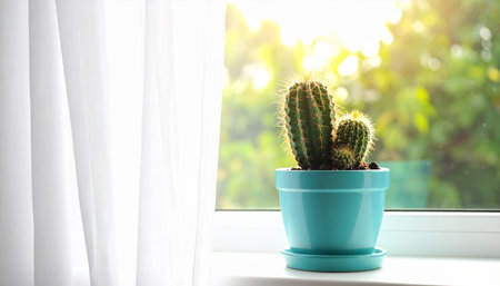 Cactus in pot on window sill at home. Interior design conceptの素材