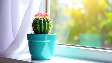 Cactus in a pot on the windowsill. Home decoration.の素材