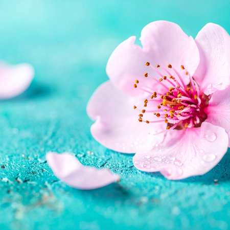 Peach blossom with water drops on turquoise background.の素材