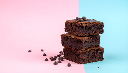 Chocolate brownies with chocolate chips on pink and blue background.の素材