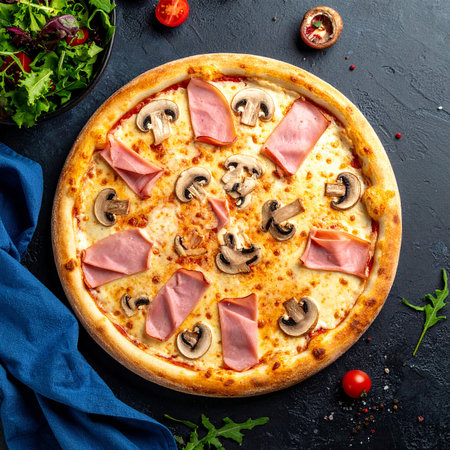 Pizza with ham, mushrooms and arugula on black backgroundの素材