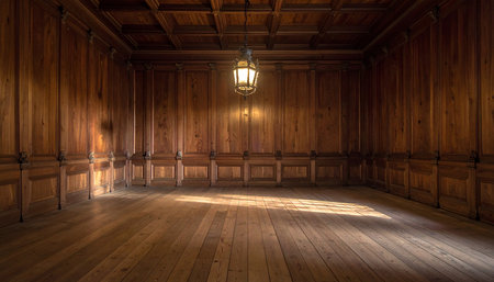 Interior of an old wooden room with a lamp and wooden floorの素材