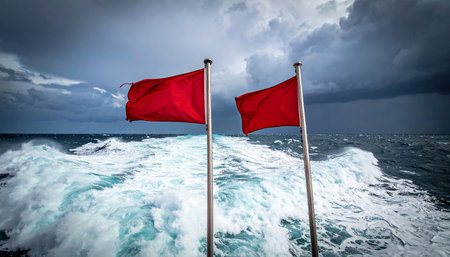 Red flag on a boat with stormy sky and stormy seaの素材