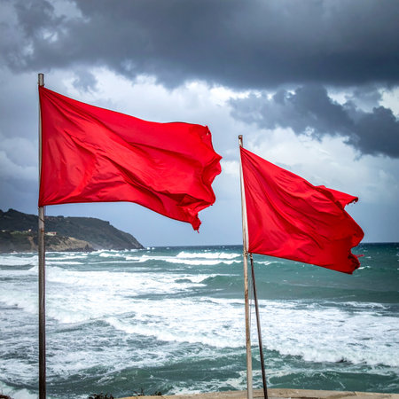 Red flags on a stormy day at the beach in Spain.の素材