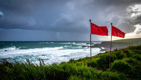Coast of Azores, two red flags in front of stormy seaの素材