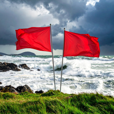 Red flags on a stormy day at the coast of Ireland.の素材