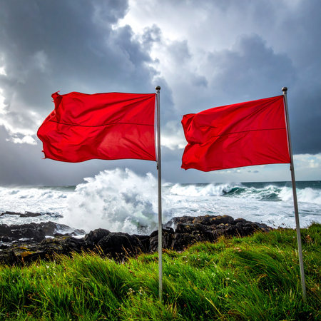 Two red flags on a stormy day at the coast of Azoresの素材