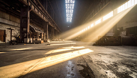 Industrial interior of an old factory building with rays of light.の素材