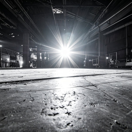 Industrial interior of a large industrial building at night, illuminated by the sunの素材