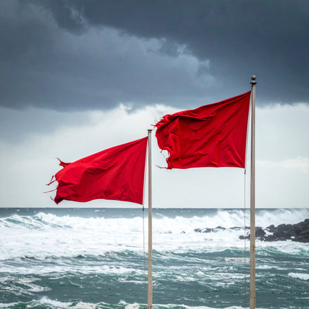 Red flags on the beach with stormy sky and sea in backgroundの素材