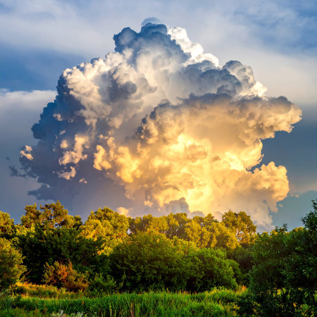Dramatic stormy sky with cumulus cloud over the fieldの素材