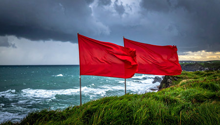 Two red flags with stormy seascape in background. Irelandの素材