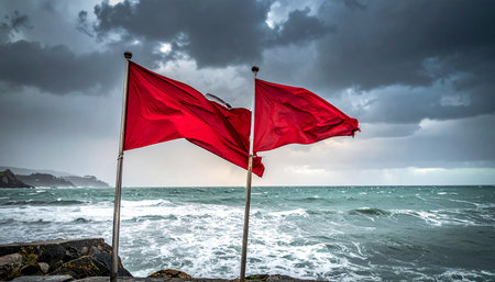 Red flags on the beach at stormy weather. Crimea, Ukraineの素材