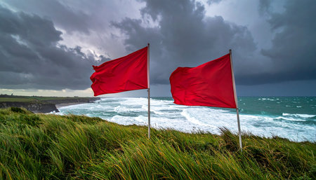 Red flags on the coast of the Atlantic Ocean in a stormy dayの素材