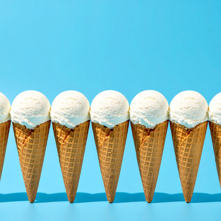 Vanilla ice cream in waffle cone on blue background. Minimal concept.の素材