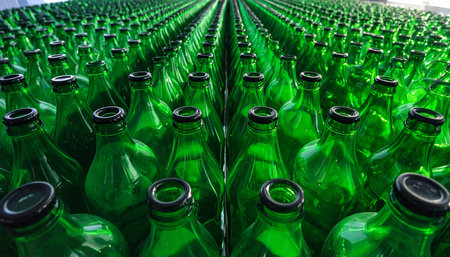 Green bottles in a row on a conveyor belt in a factoryの素材