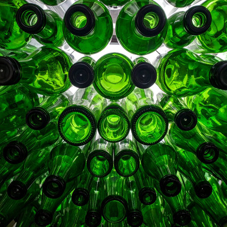 Green bottles of beer in a row on white background. Top view.の素材